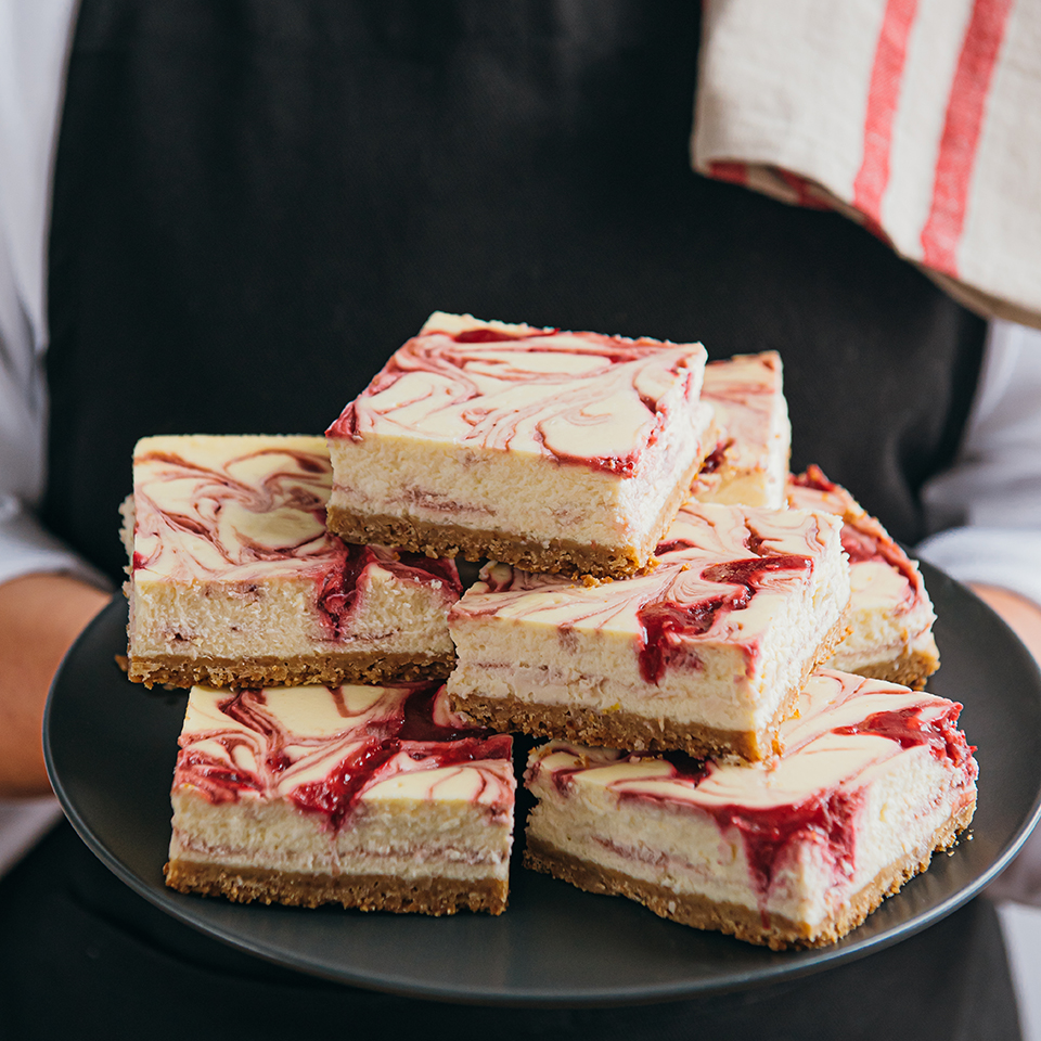 Cranberry-Strawberry Swirl Cheesecake Squares, a delicious recipe by Lassonde Food Service